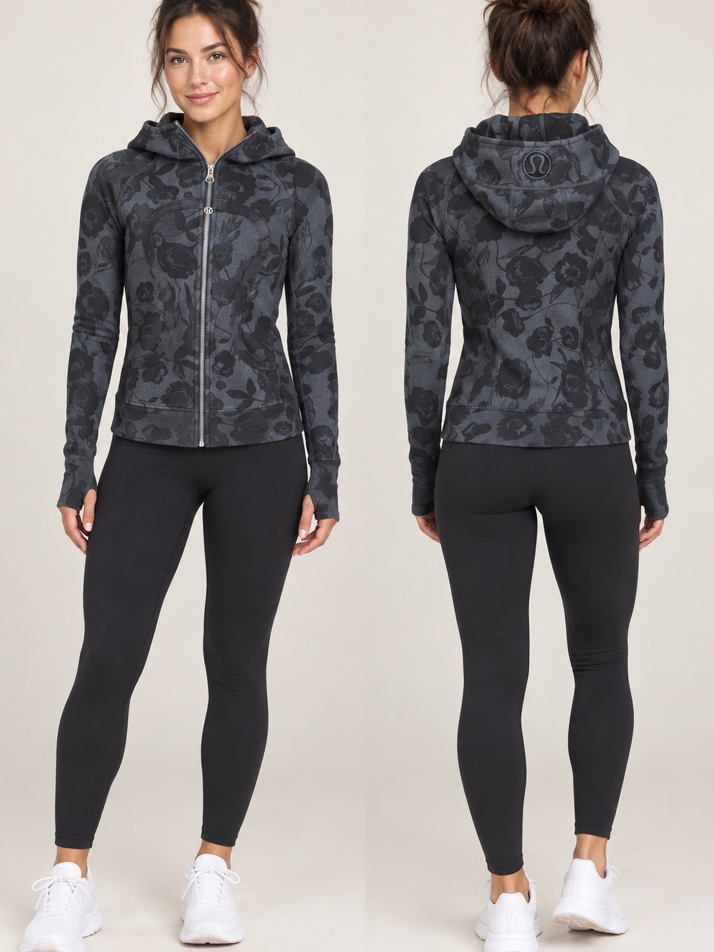lululemon athletica Women's Dark Gray Floral Full-Zip Scuba Size 2
